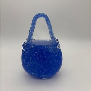 Vtg. Victorian Style Handblown Art Glass Basket Purse Vase Blue With Handles 9”